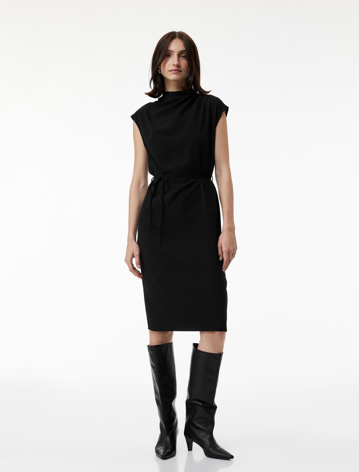 Hündür Yaxa Qolsuz Midi Draped Don