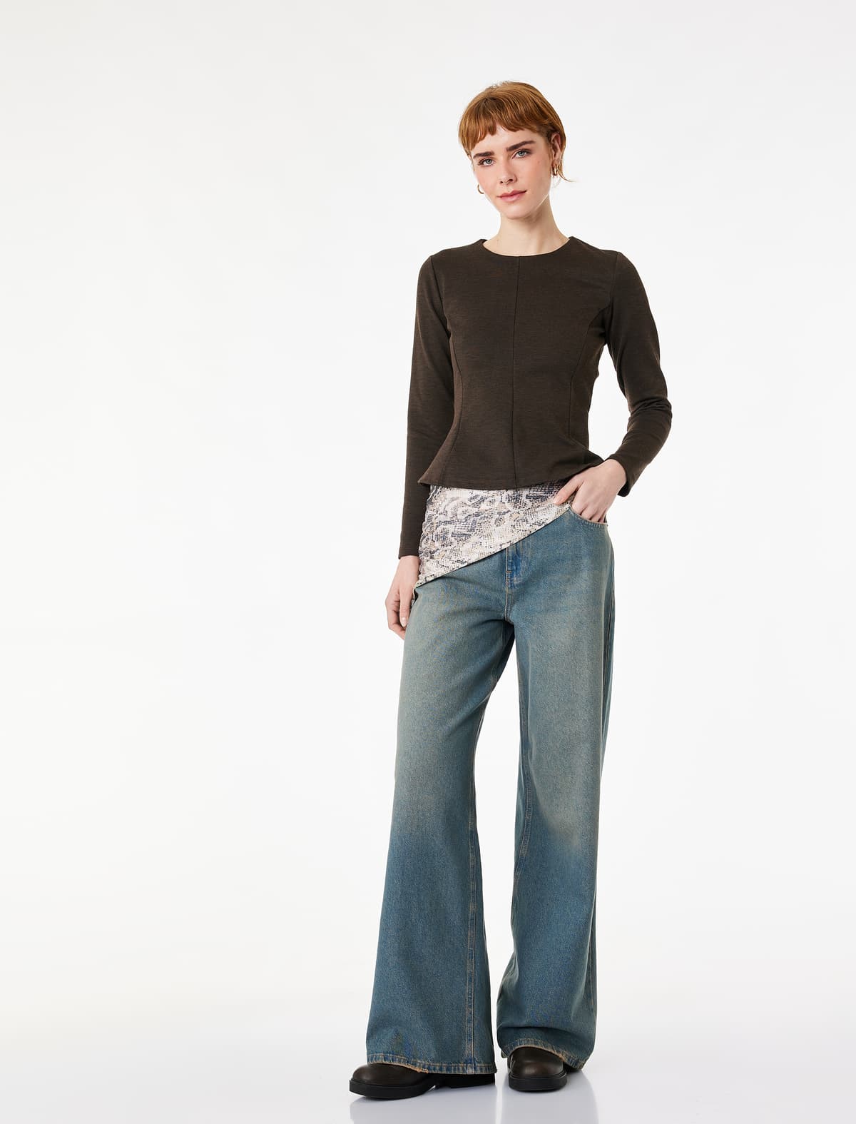Yırtıqlı Fermuarlı Uzunqol Dəyirmi yaxalı Peplum Tişört