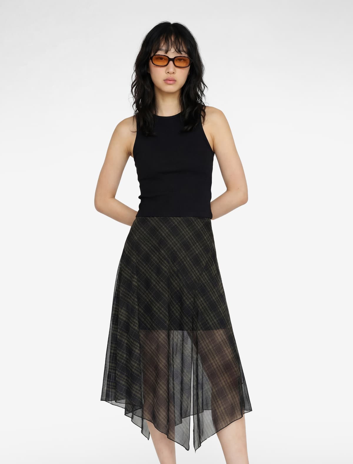 Asimmetrik Kesimli Plaid Tül Midi Etek