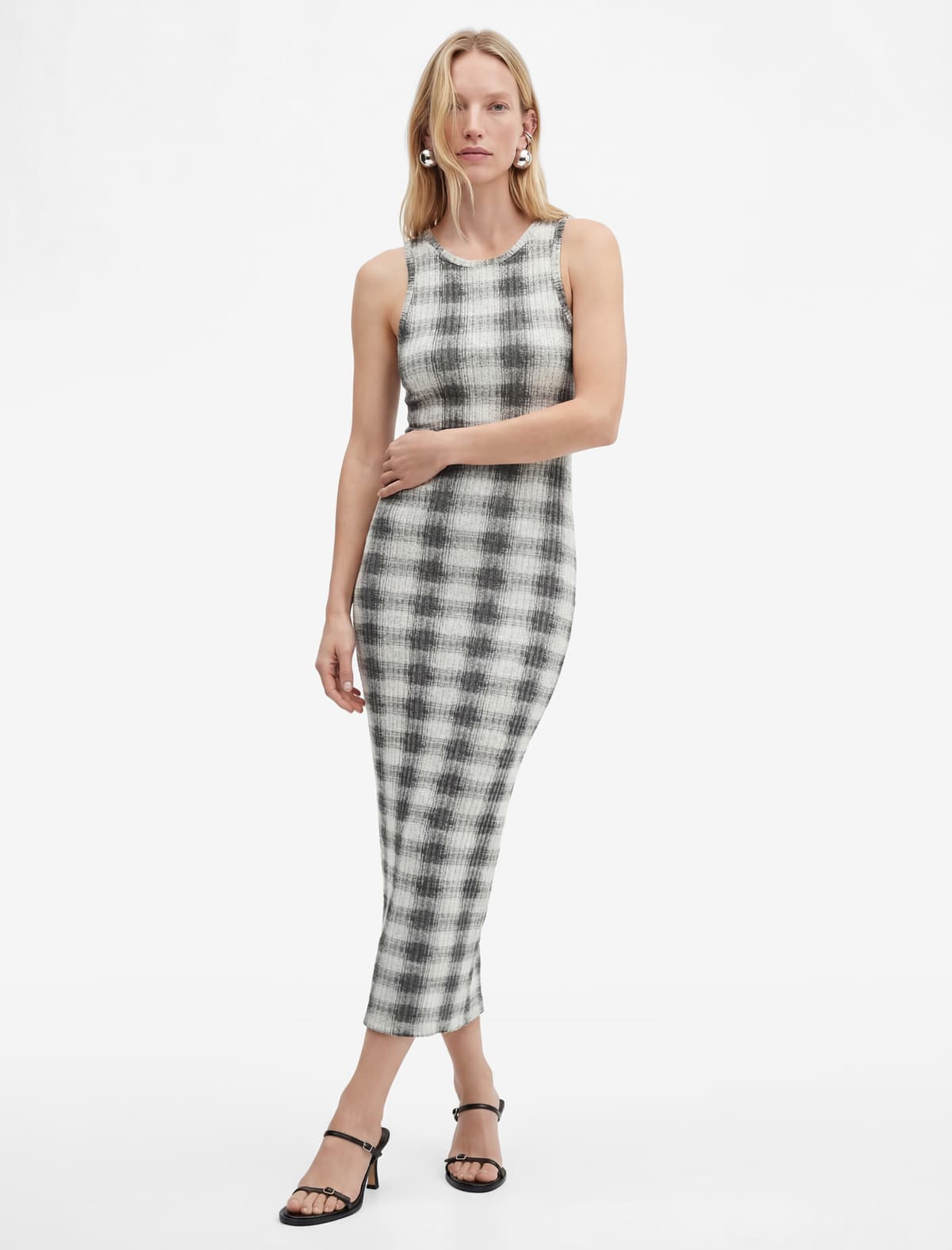 Slim fit Dəyirmi yaxa Midi Uzunluğu Plaid Bodycon Don