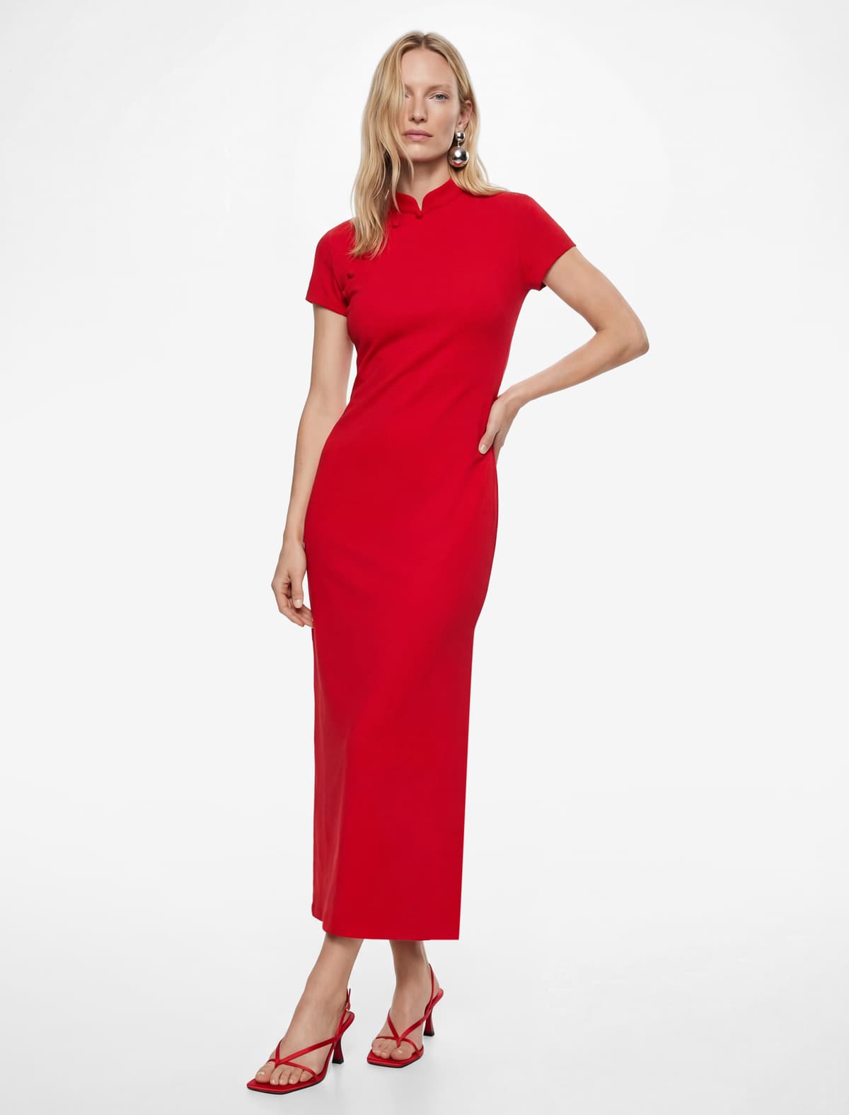 Slim fit Qısaqol Yarıq Yüksək Yaxa Qipao Yaxalı Midi Don