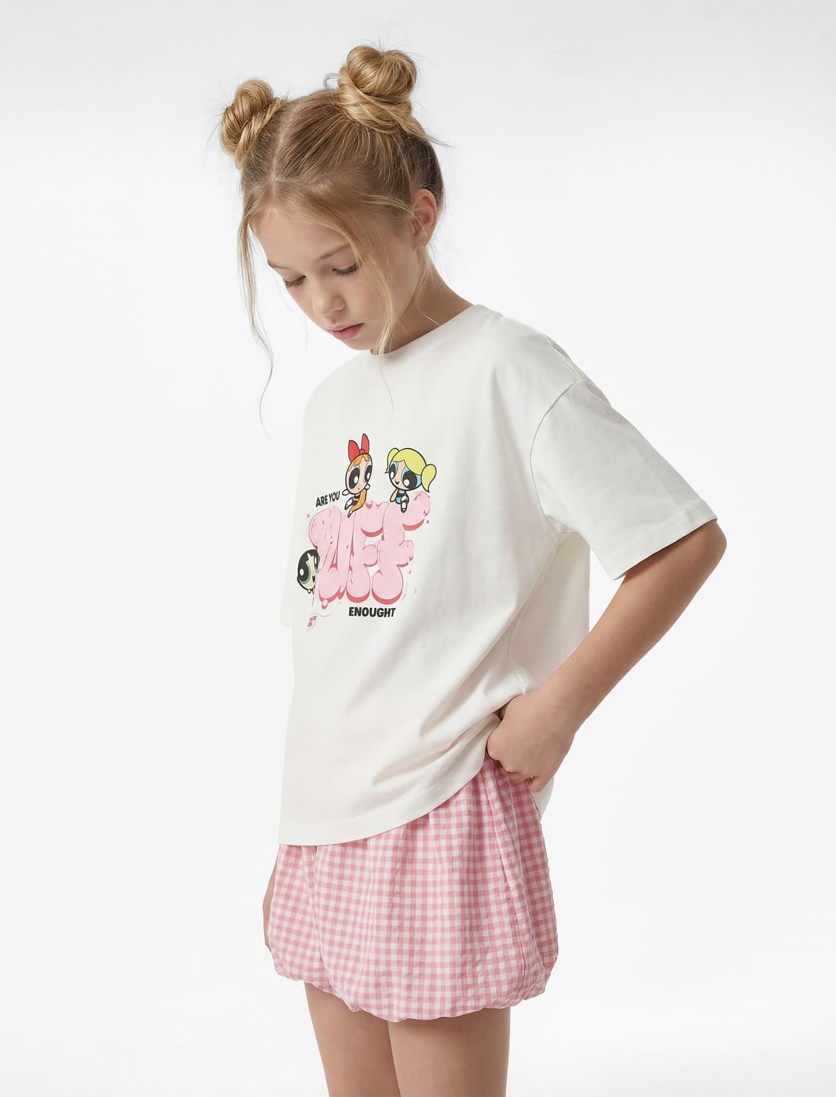 Lisenziyalı Powerpuff Girls Çaplı Qısaqol Ekip Boyunlu Pambıq Köynək
