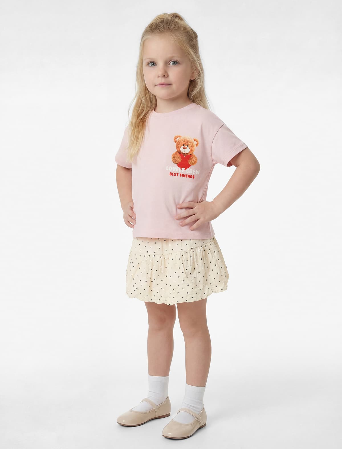 Pambıq Qısaqol Dəyirmi yaxalı Ürək Teddy Bear Çaplı Tişört