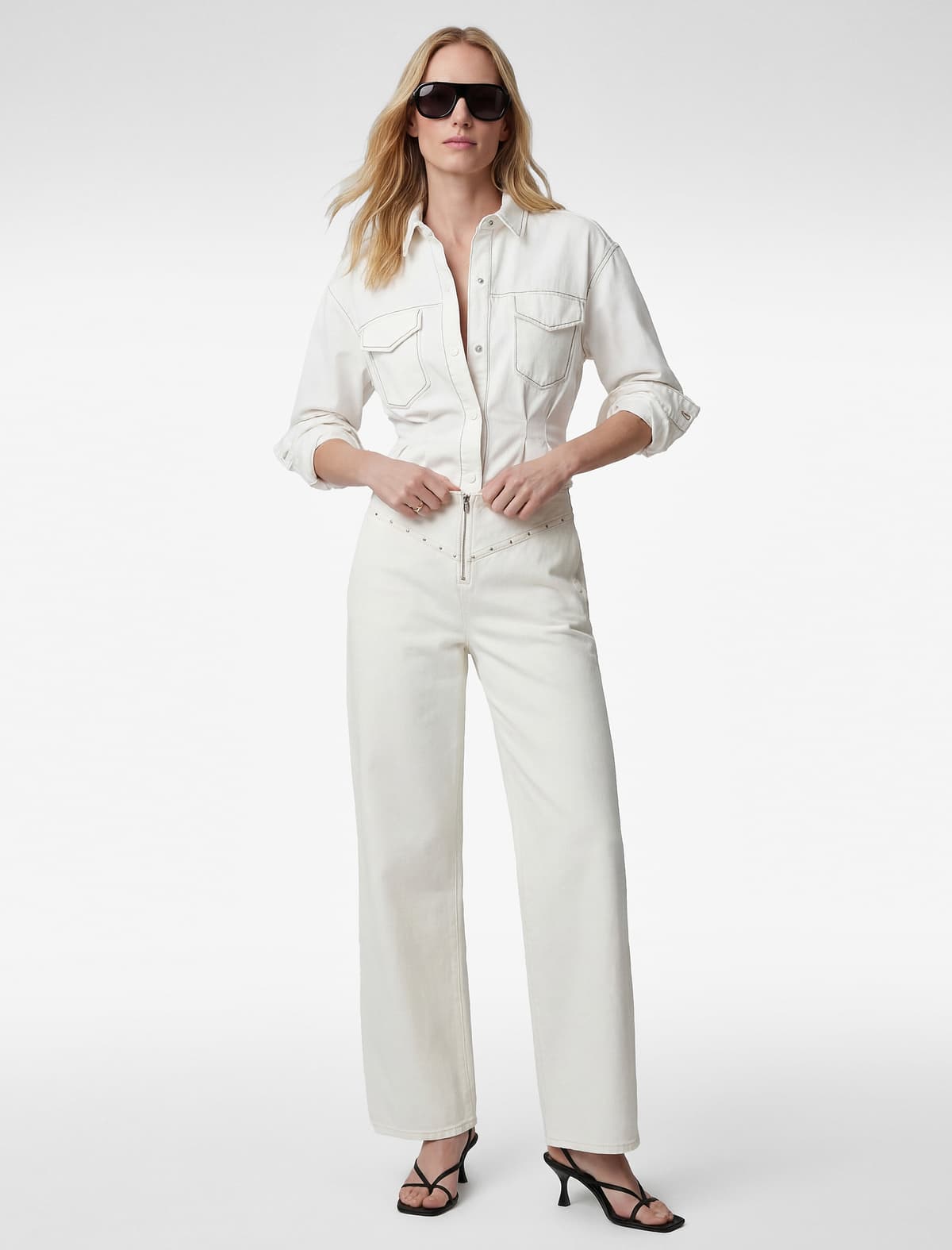 Fermuarlı Cib Detallı Aşağı Bel Şalvar və Geniş Paçalı Şalvar - Geniş Paçalı Cins