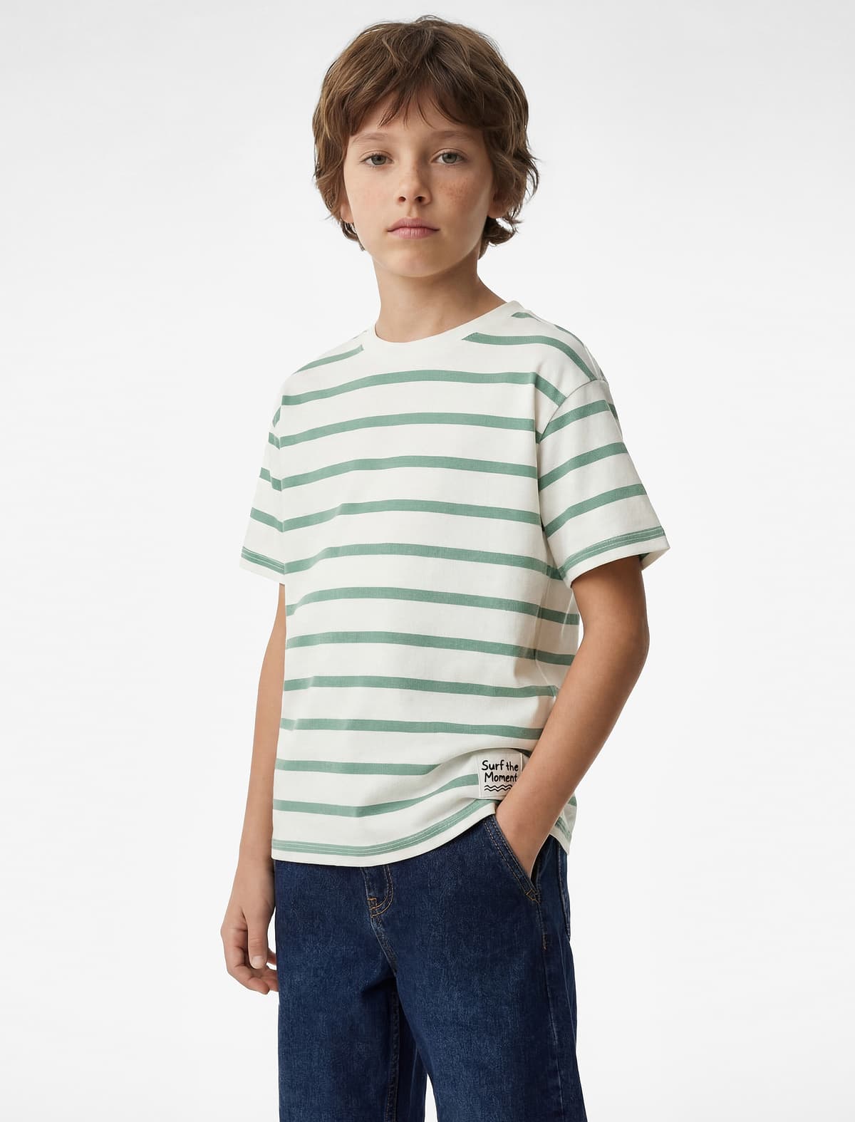 Qısaqol Yakalı Pambıq Zolaqlı T-shirt