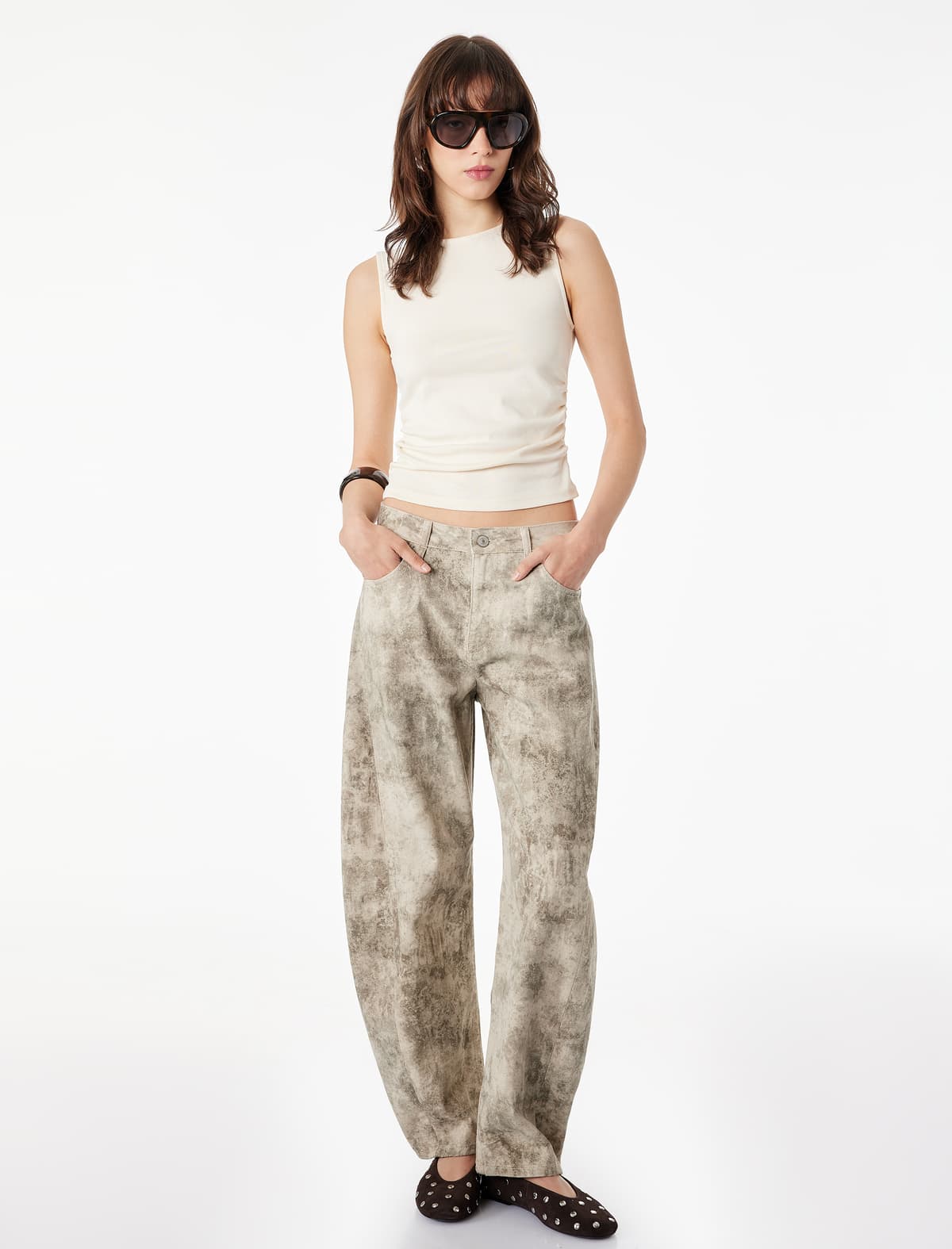 Slim fit Pambıq Qolsuz Dəyirmi yaxalu Draped Bluza