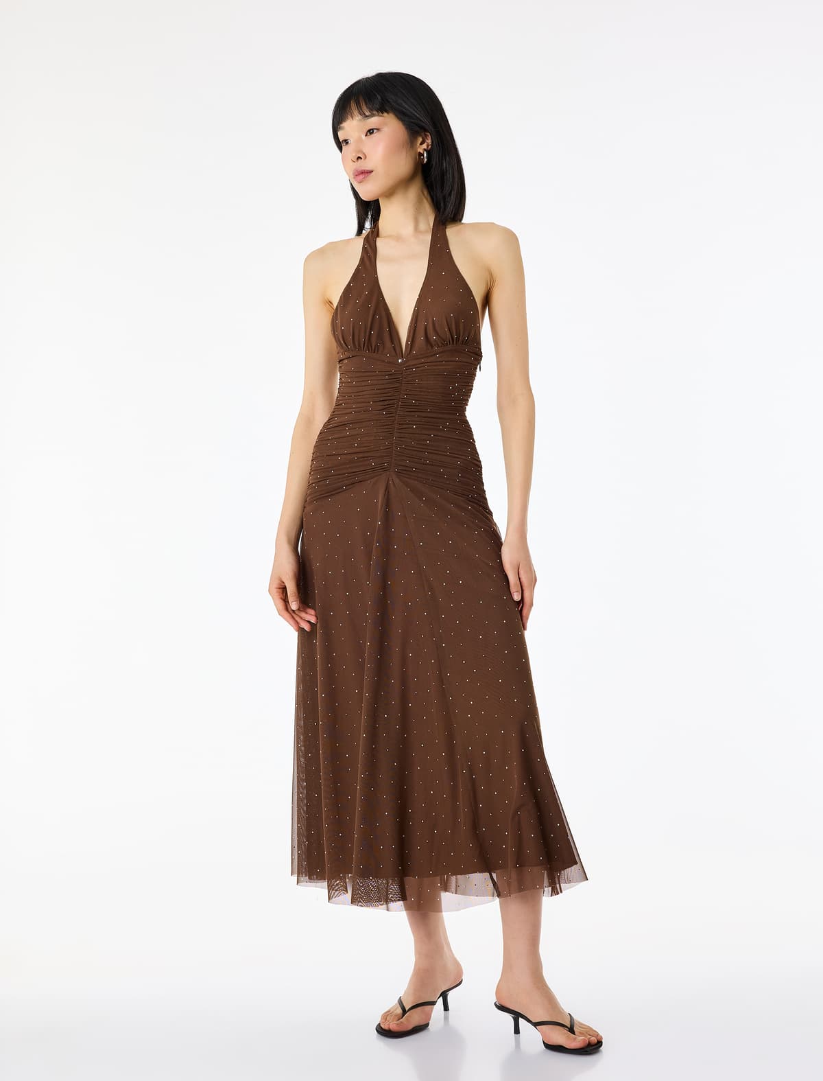 Dərin V Yaxalı Qolsuz Draped Bodycon Tül Daş Gecə Gecəsi
