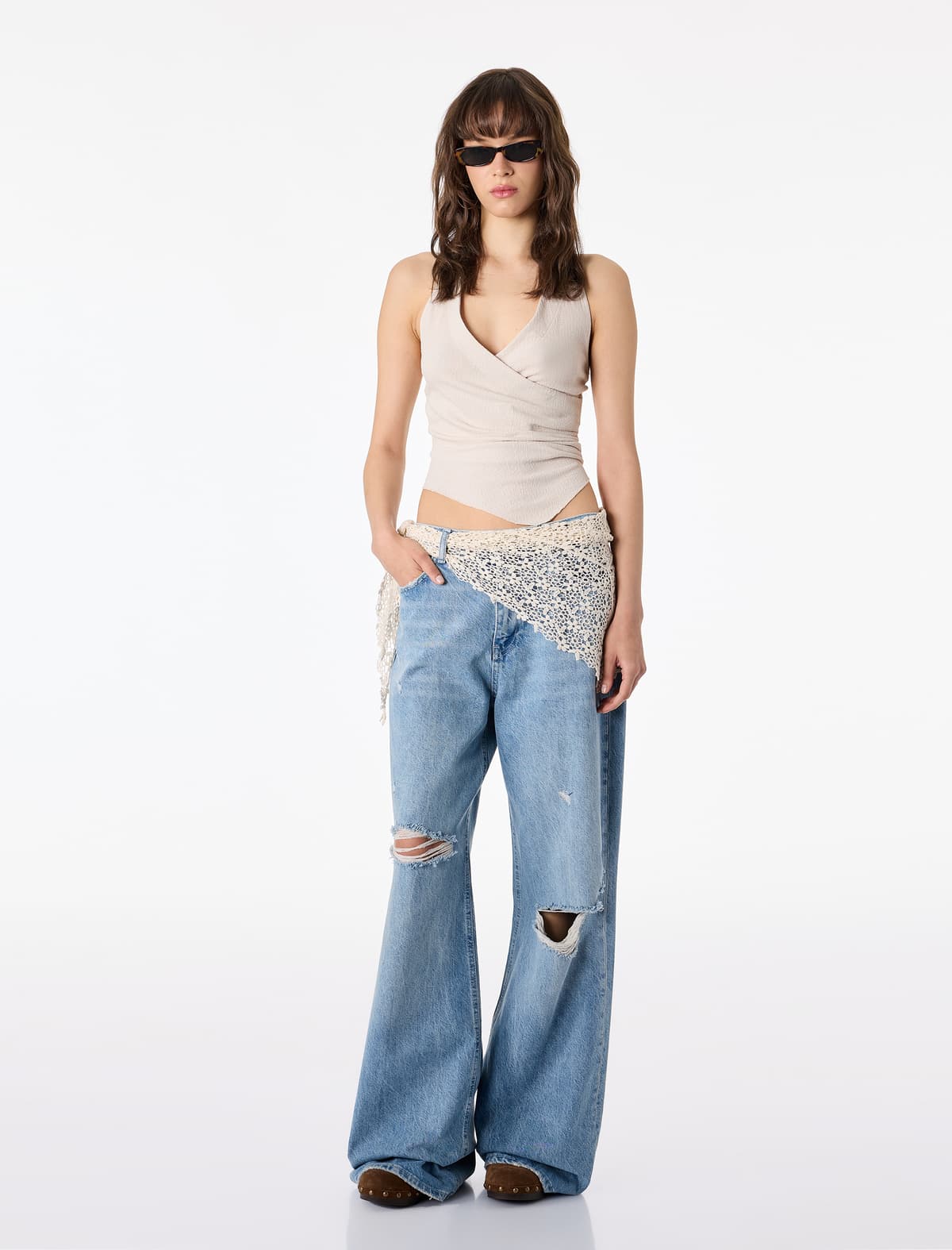 Kəsilmiş Slim Fit Krujeva Detallı Flare Ayaqlı Denim Şalvar - Flare Jeans