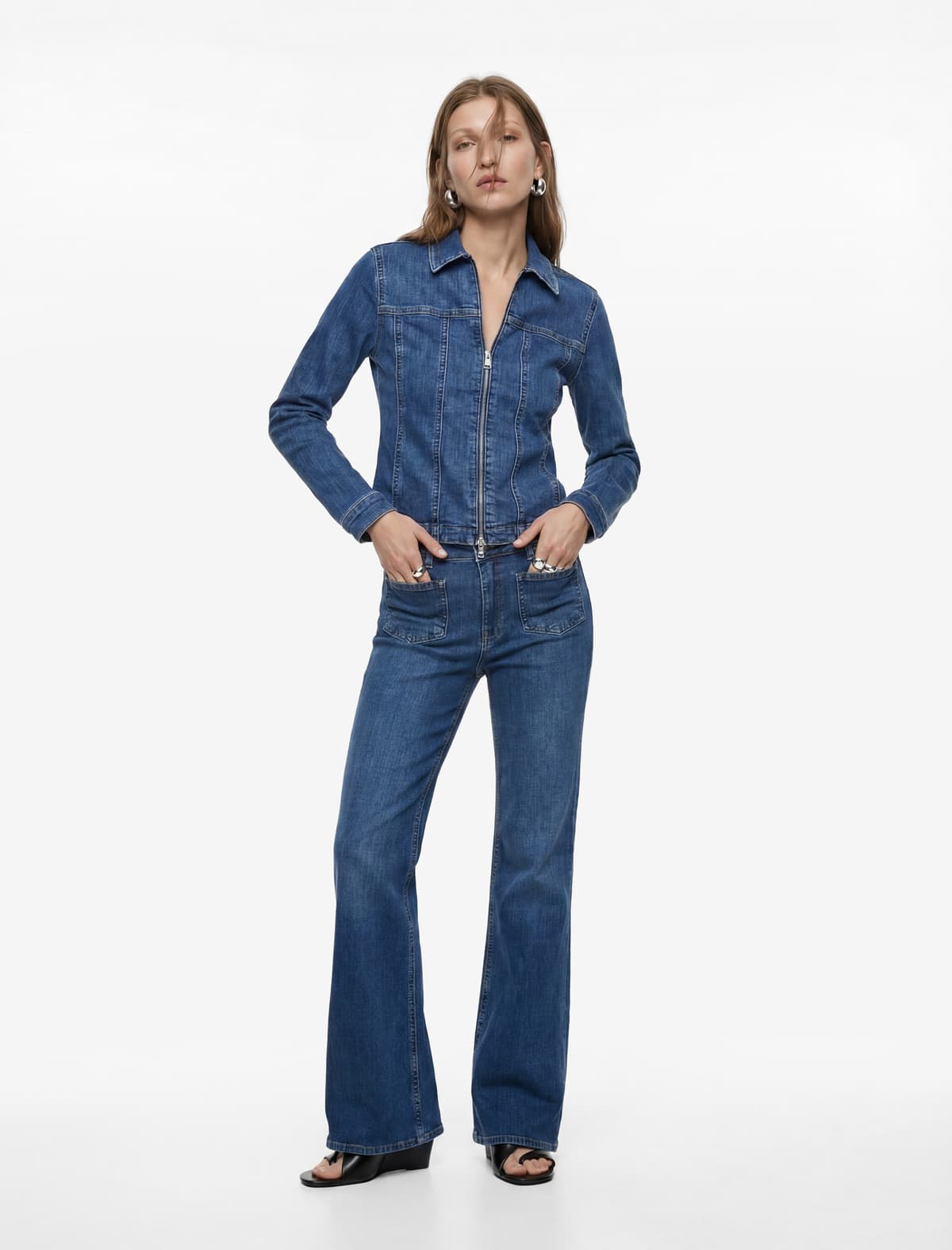 Slim fit Uzunqol Klassik Yaxa Fermuarlı Denim Gödəkçə