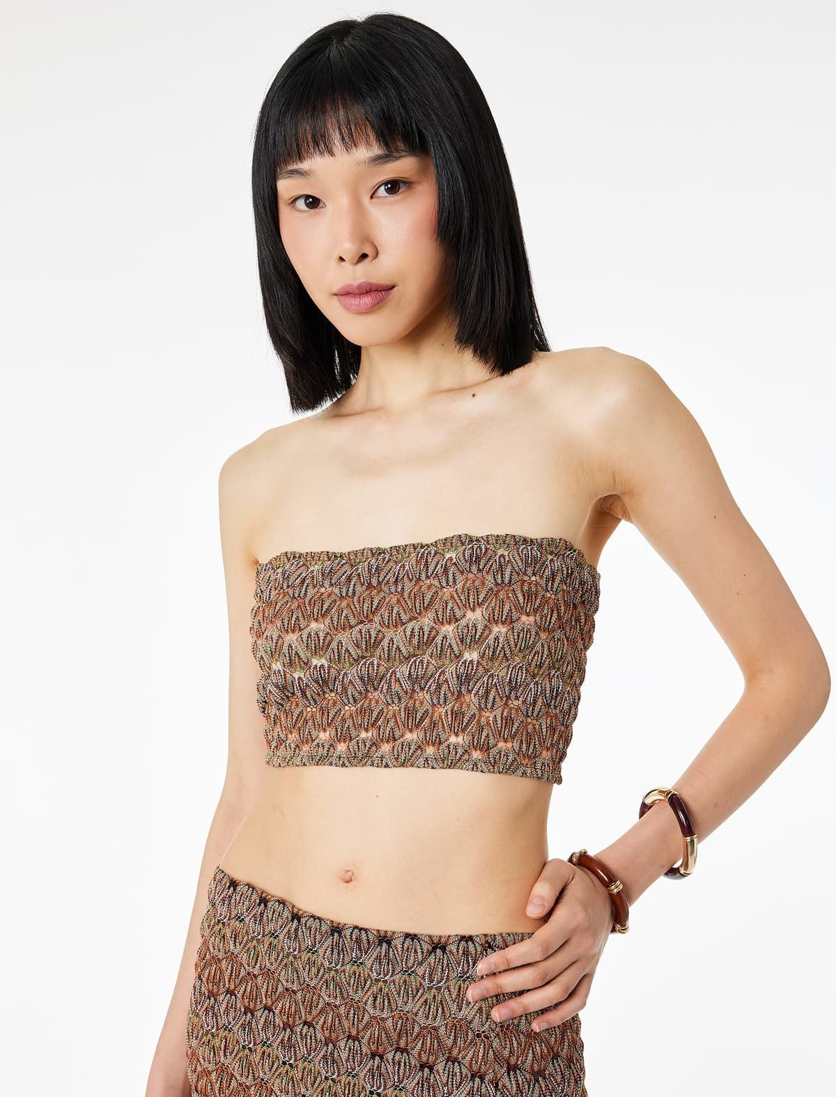 Slim fit Naxışlı Straplez Kroşe Top