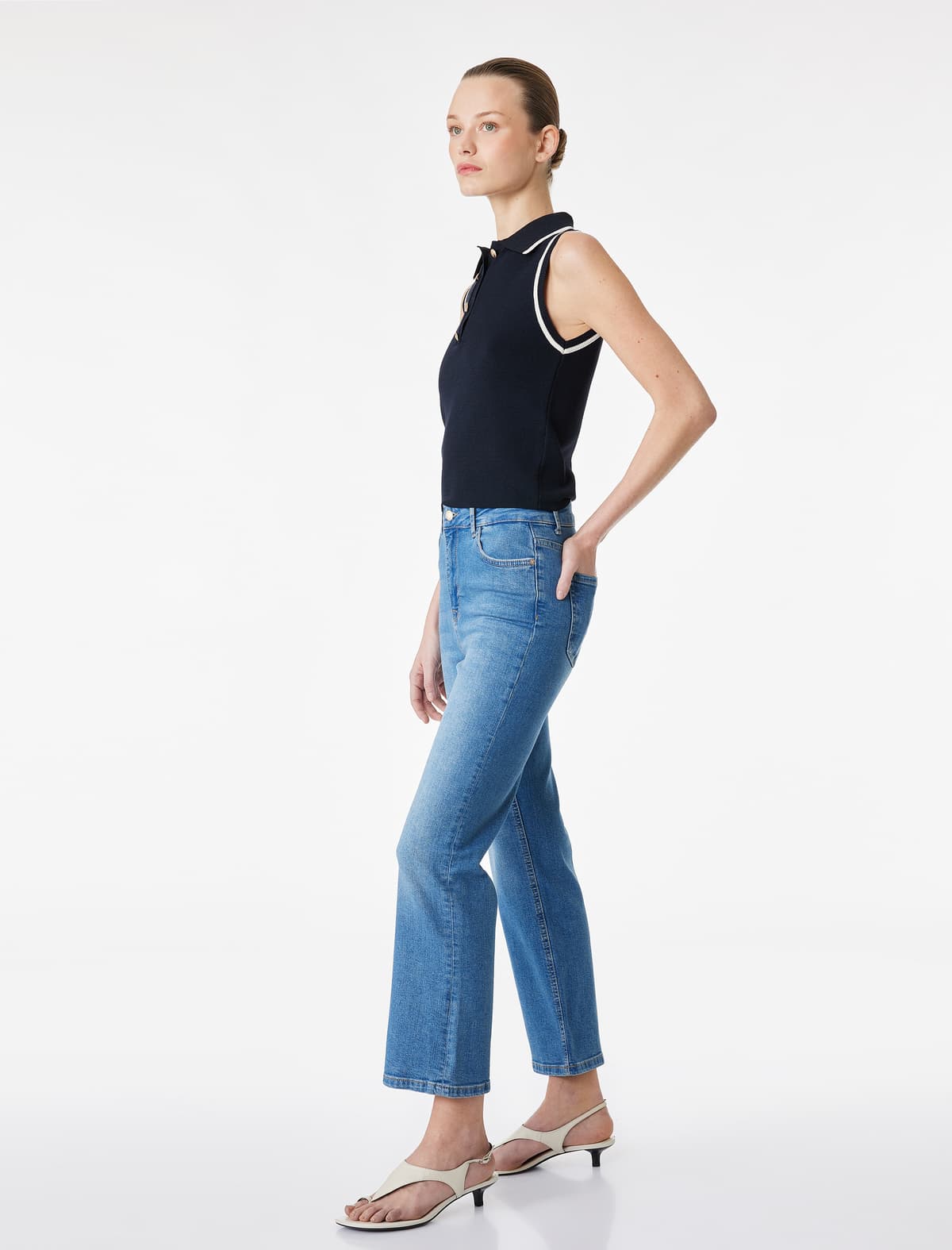 Slim Fit Normal Bel Cibli Alovlu Cins Şalvar - Flare Jeans