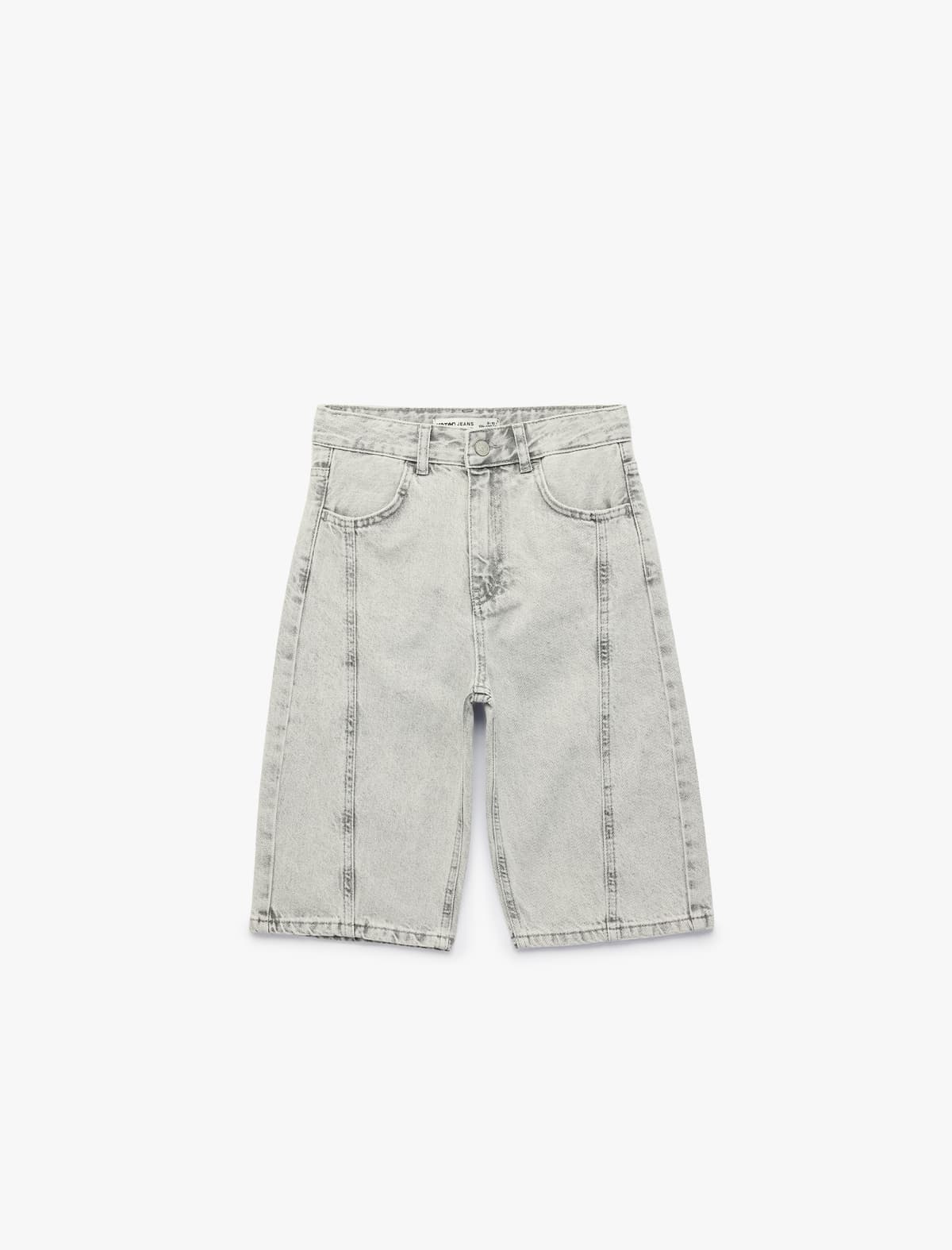 Dikiş Detallı Pambıq Boş Fit Denim Şort