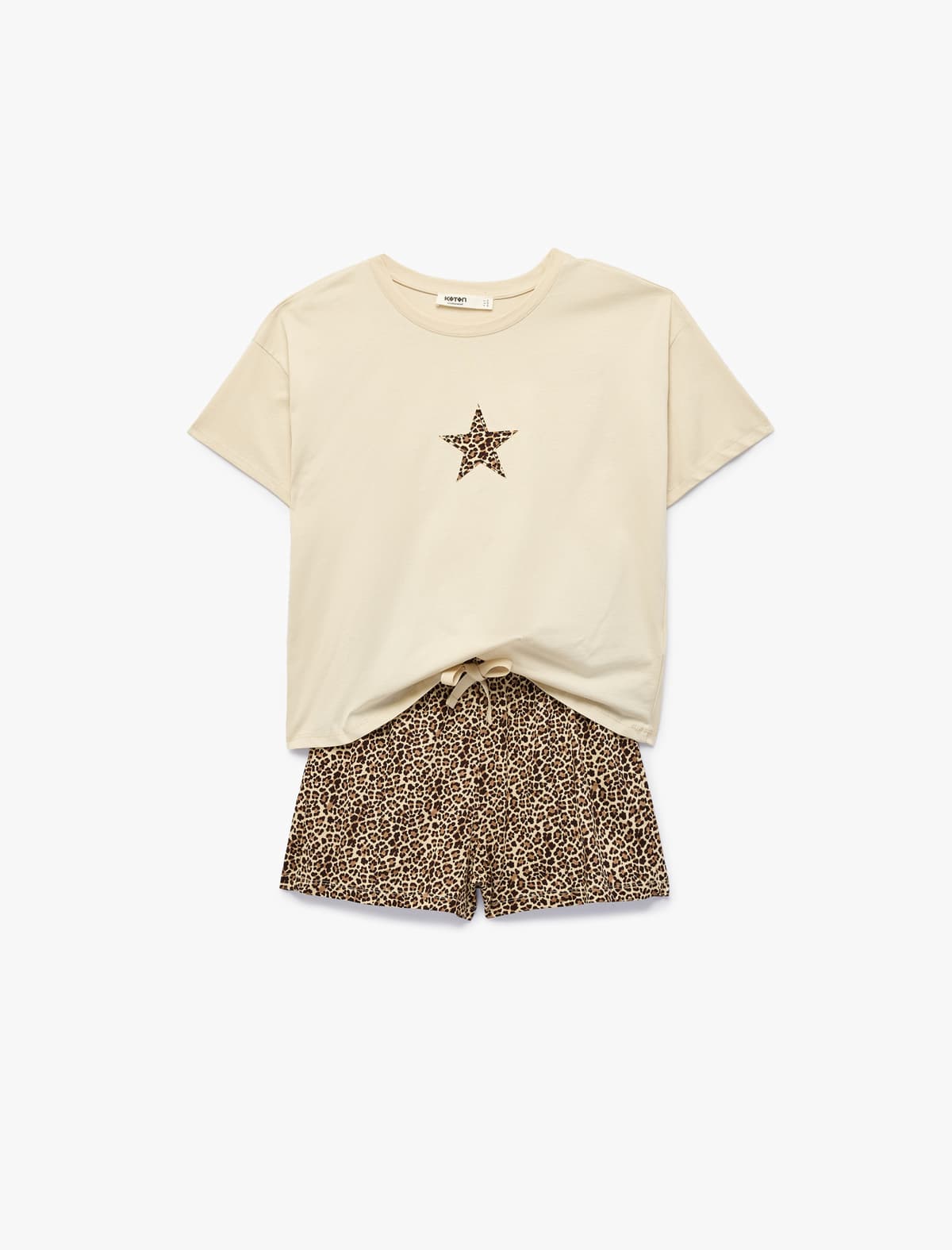 Pambıq Qısaqol Tişört Leopard Naxışlı Pijama Dəsti Şortikli
