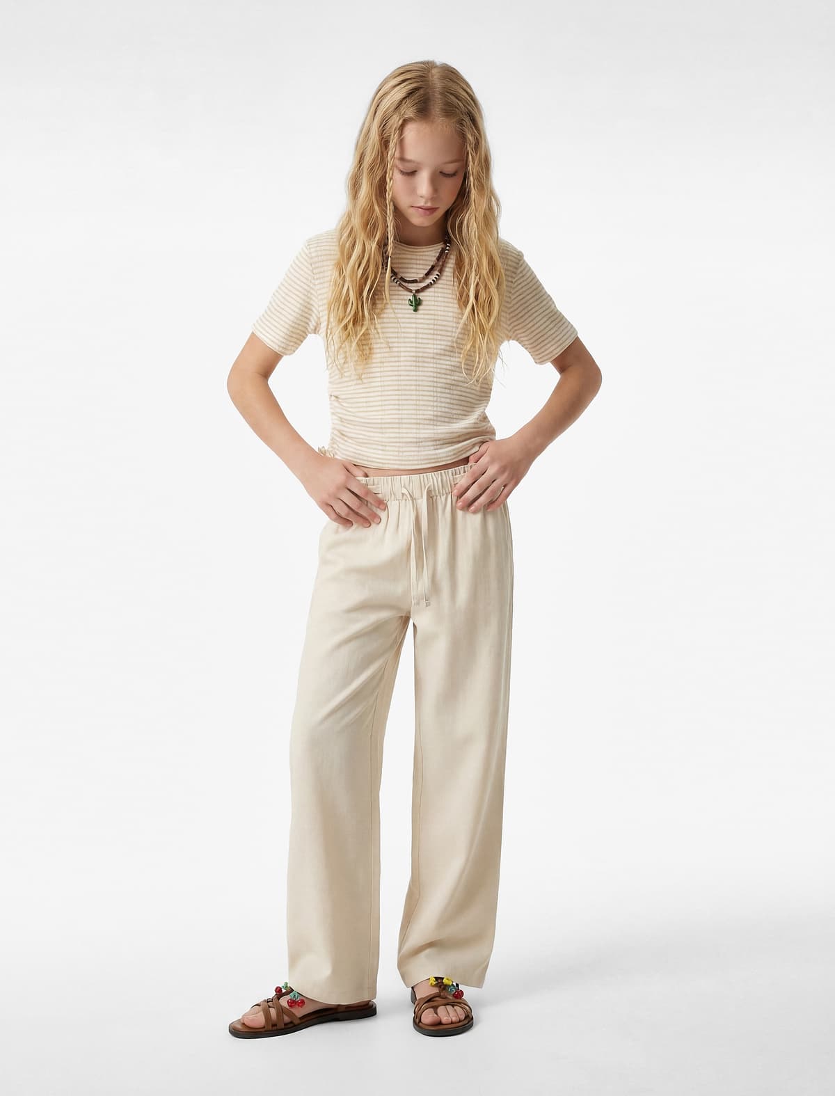 Pambıq Slim fit Qısaqol Yaxa Yaxalı Zolaqlı Crop Tişört Yan Detaylı