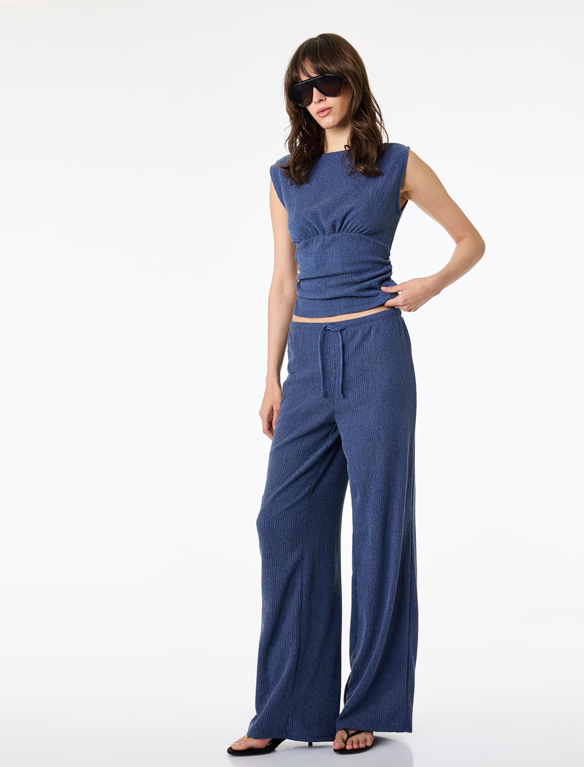 Yığılmış Qayıq Yaka Slim Fit Qolsuz Bluza