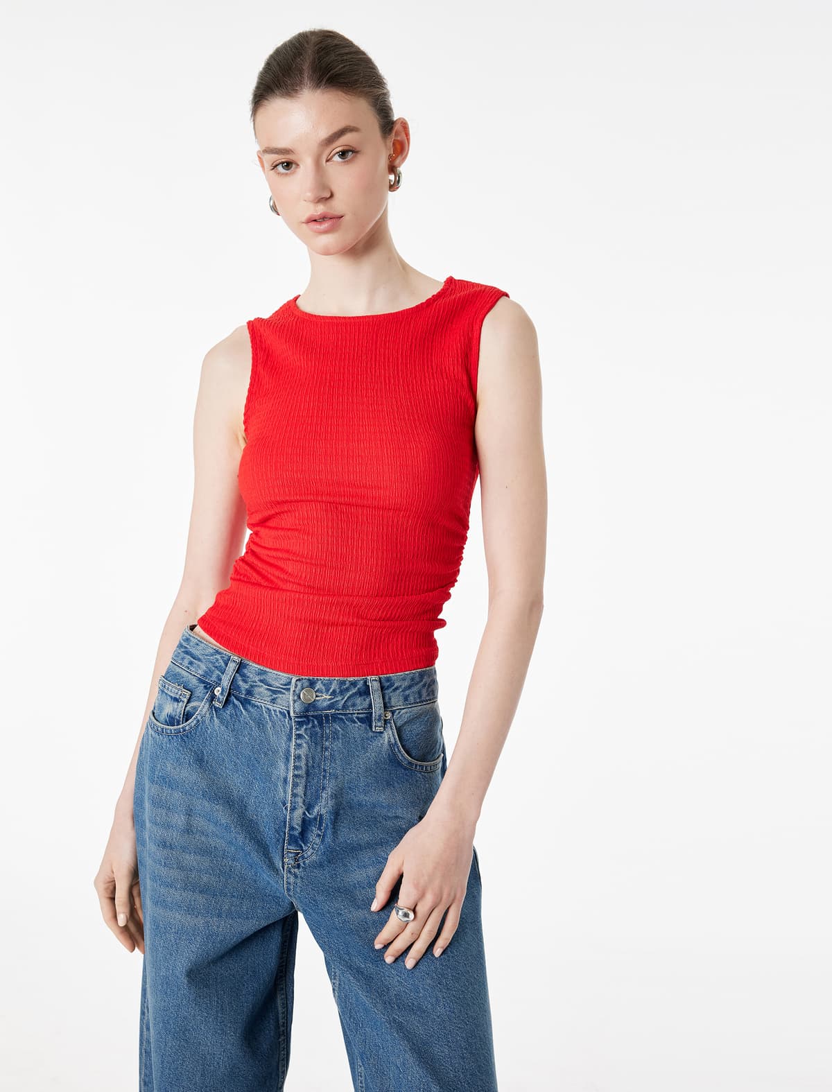Bürümcük Parça Teksturlu Slim fit Qolsuz Yaxalı Alt tişört