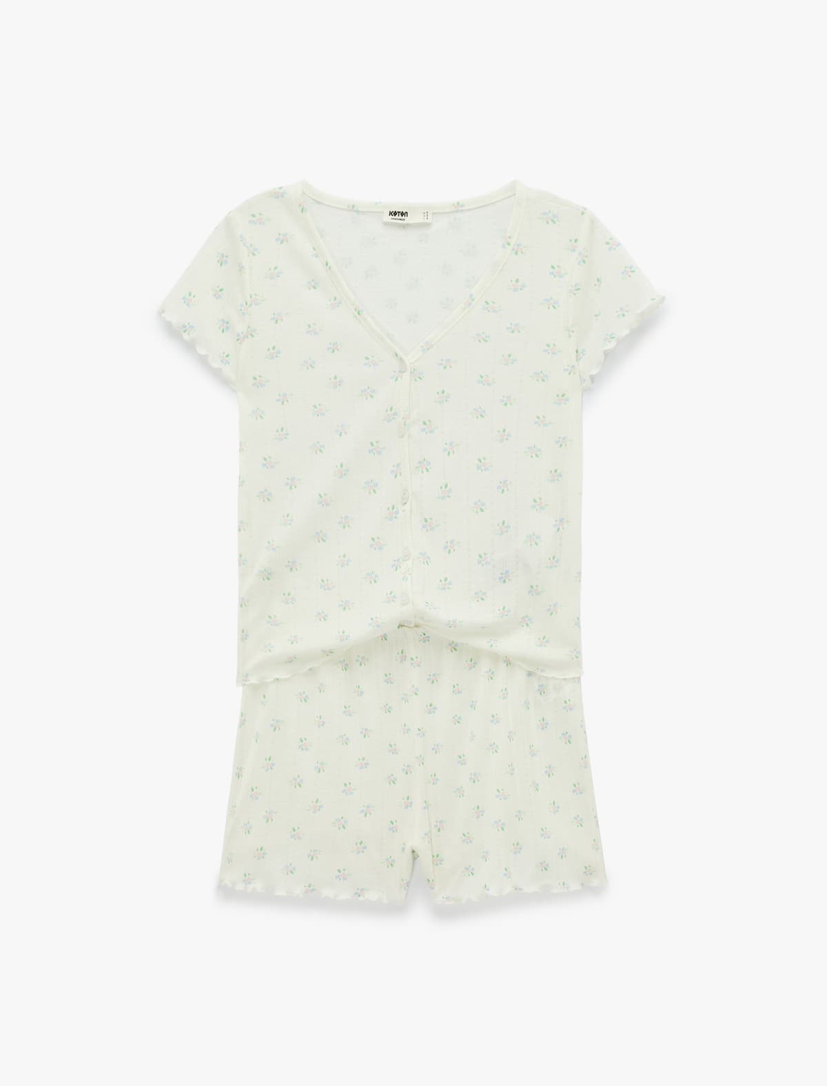 Düyməli V Yaxalı Qısaqol Naxışlı Şortlu Pijama Dəsti