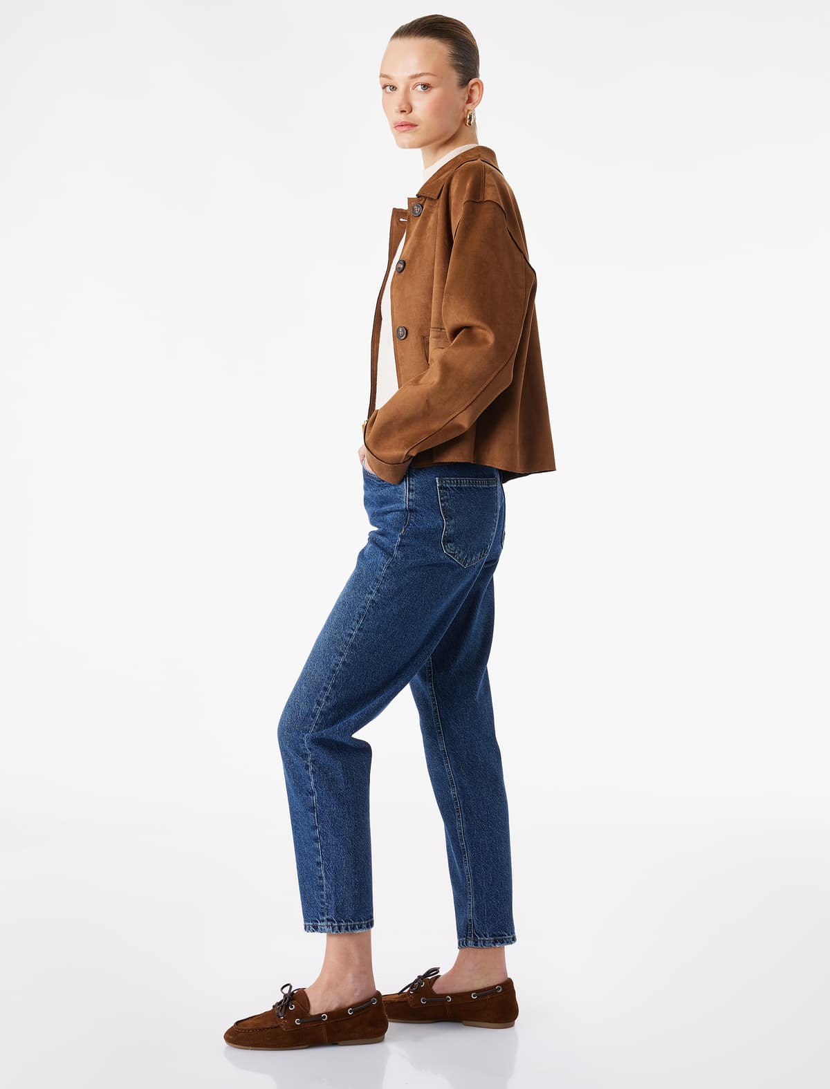 Yüksək Bel Düz Ayaqlı Pambıq Düyməli Cibli Cins Şalvar-Mom Fit Jean