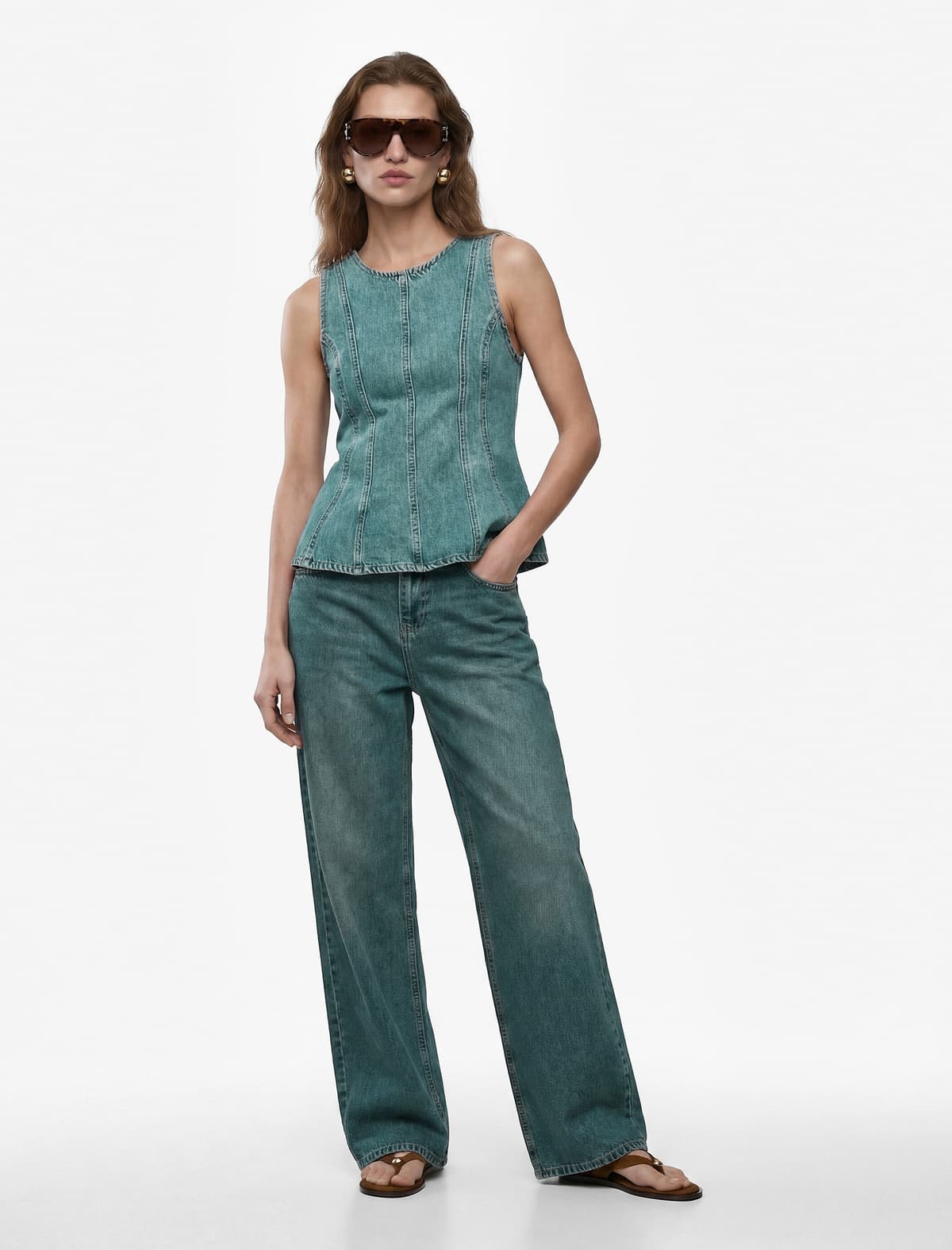 Pambıqdan Yaxalı Fermuarlı Yivli Qolsuz Denim Bluza